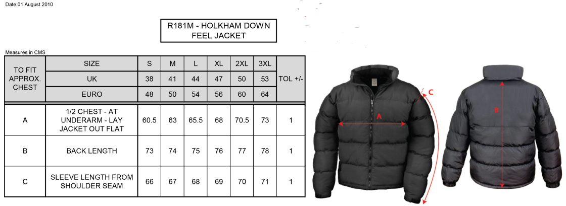 DORSET CC Holkham Down Feel Jacket : Black - Size Guide