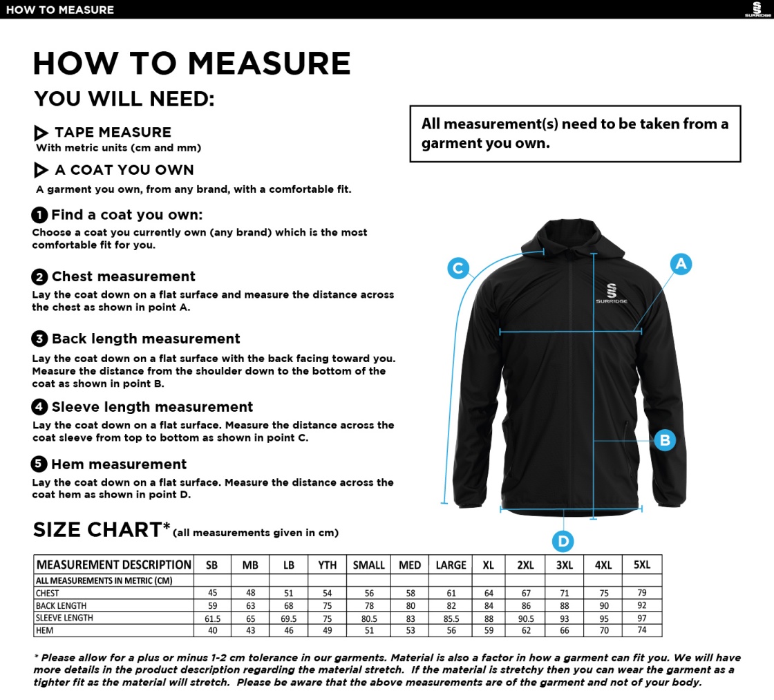 DORSET CC Dual Full Zip Training Jacket : Black - Size Guide