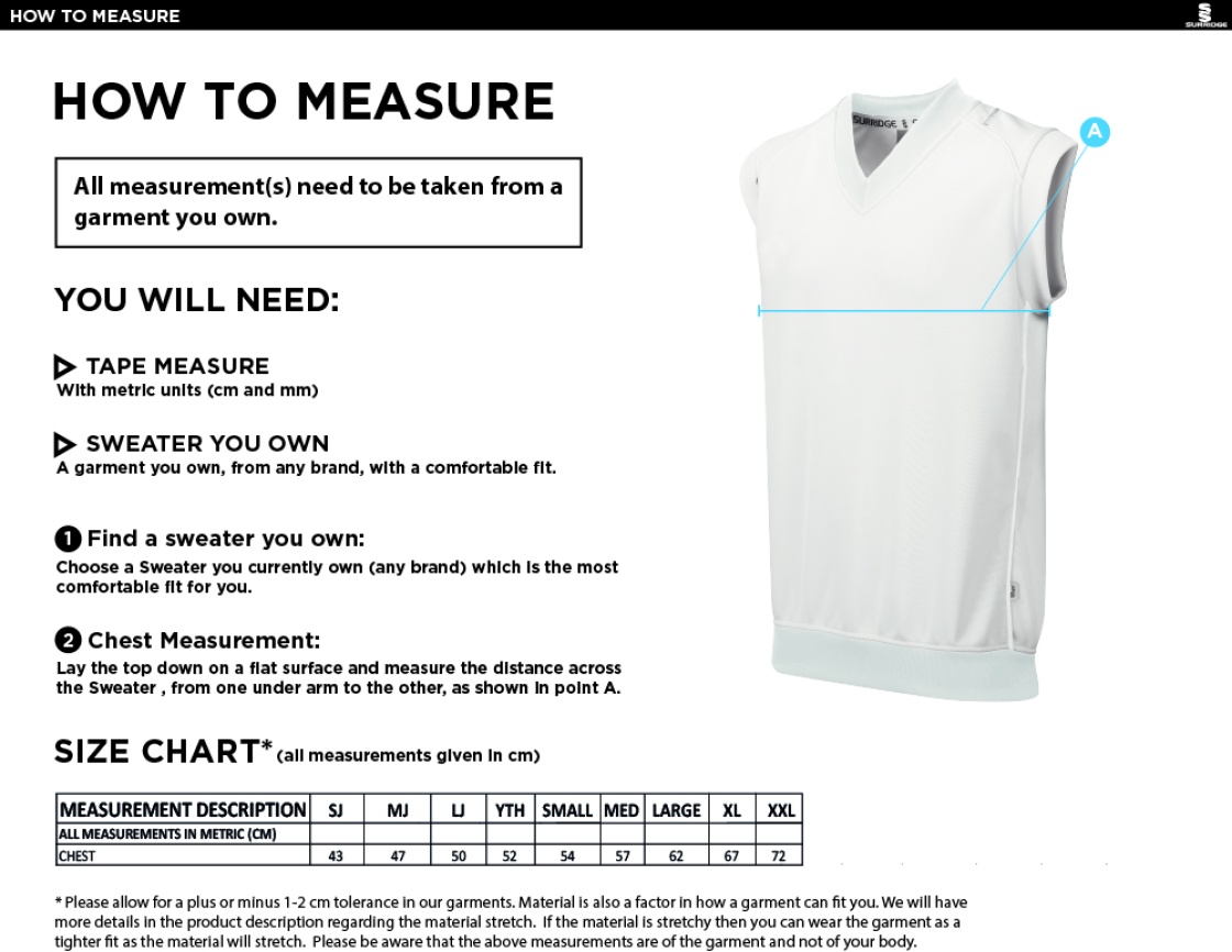 Dorset Umpires - Dual Sleeveless Sweater - Size Guide