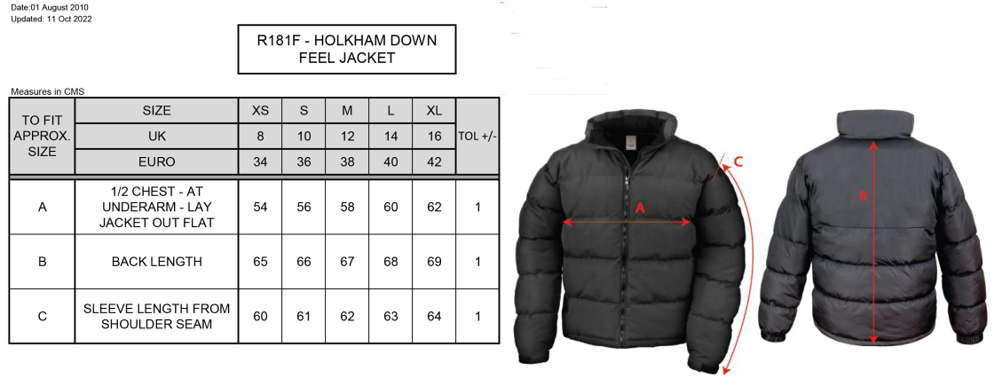 DORSET CC Women's Holkham Down Feel Jacket : Black - Size Guide