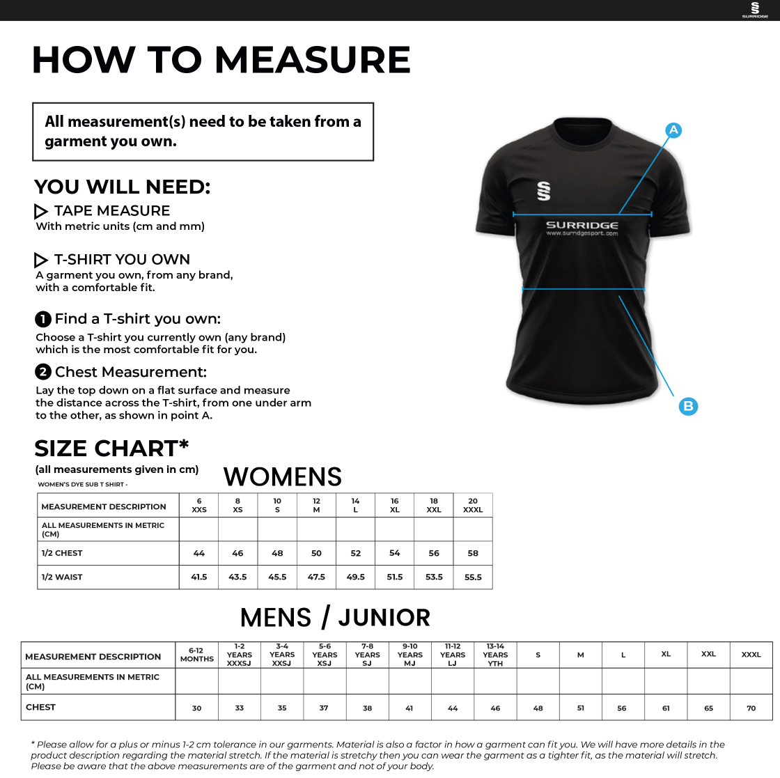 Dorset Match/One Day Shirt - Mens - Size Guide