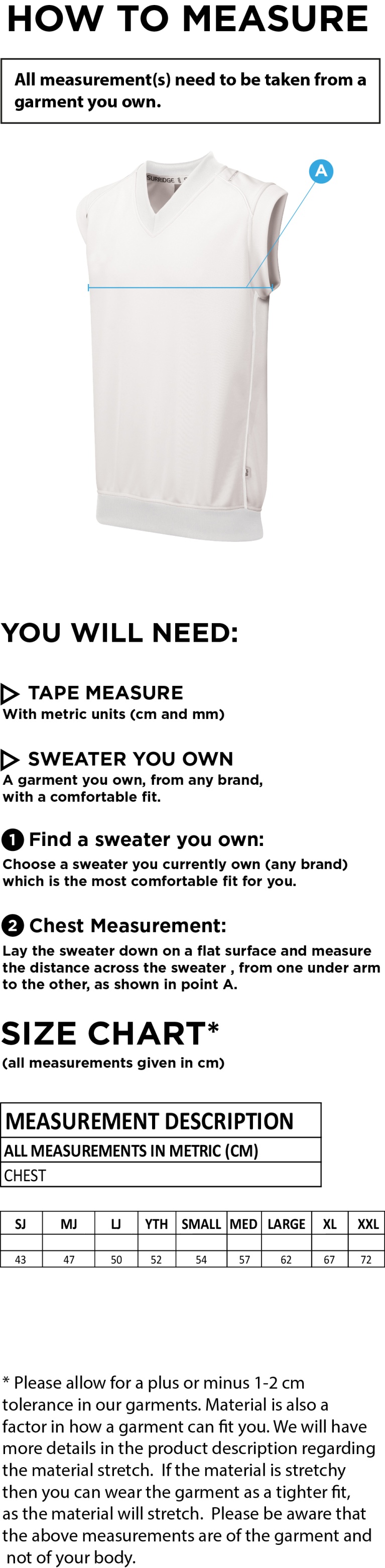 Dorset Umpires - Dual Sleeveless Sweater - Size Guide