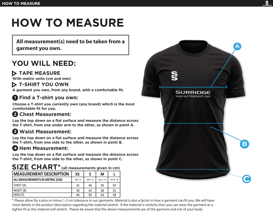 DORSET CC Women's Dual Games Shirt : Black - Size Guide