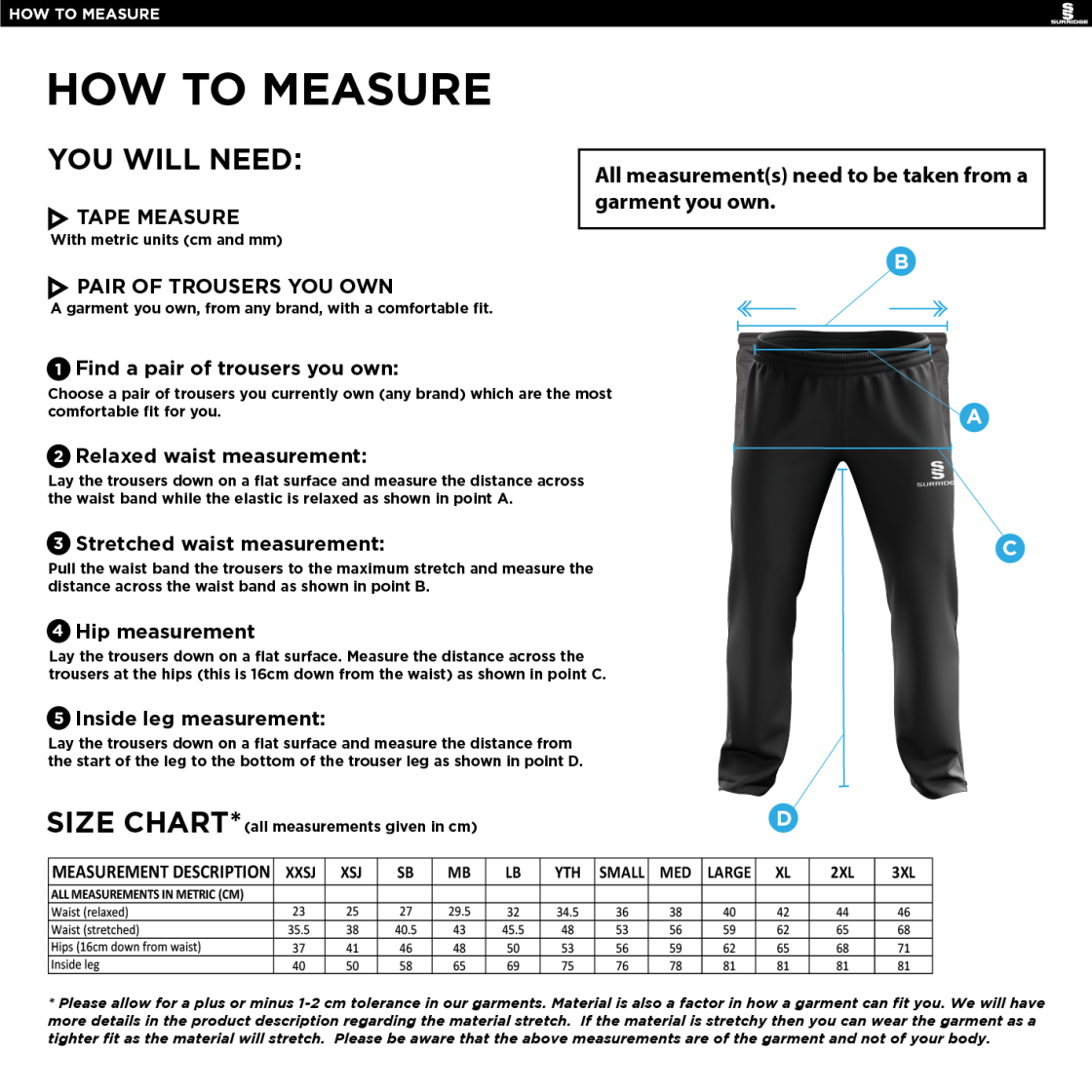 Dorset Umpires - Poplin Track Pant : Black - Size Guide